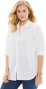 Roaman's Plus Size Kate Long Sleeve Easy Cotton Blend Button Front Shirt