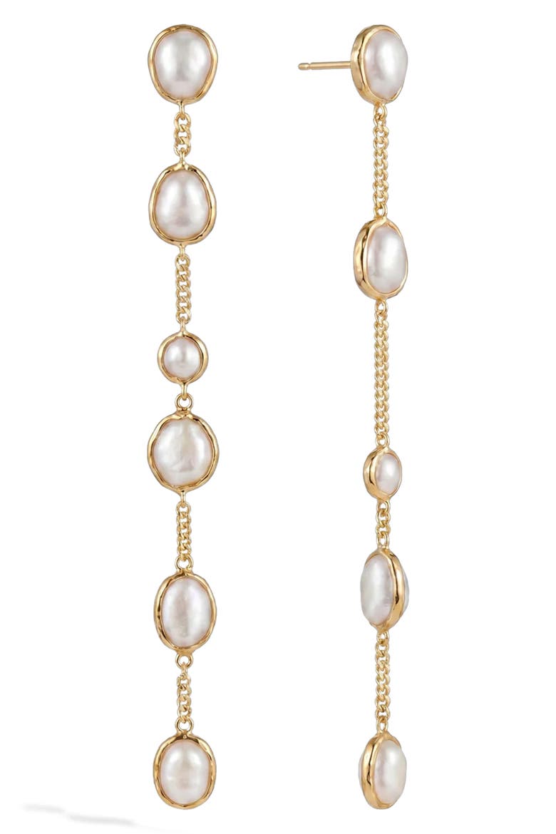 Molten Pearl Linear Drop Earrings, Main, color, METALLIC GOLD