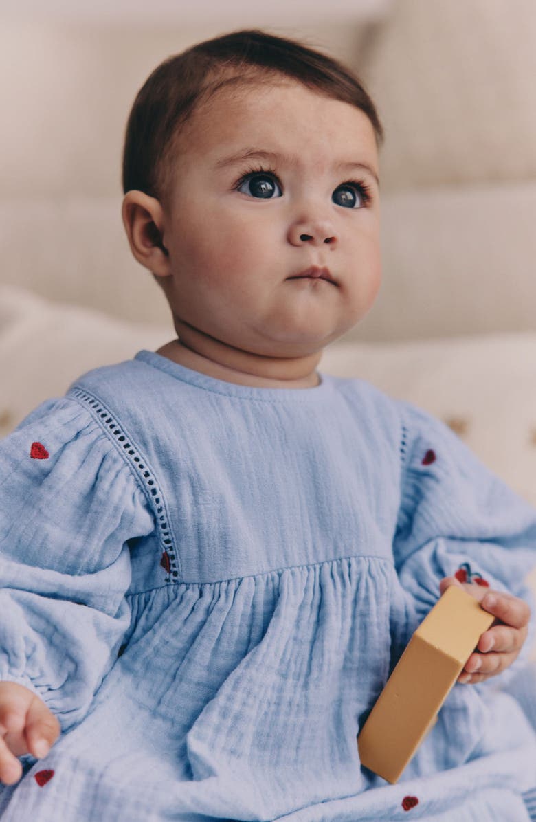 NEXT Embroidered Long Sleeve Cotton Gauze Dress, Alternate, color, Blue