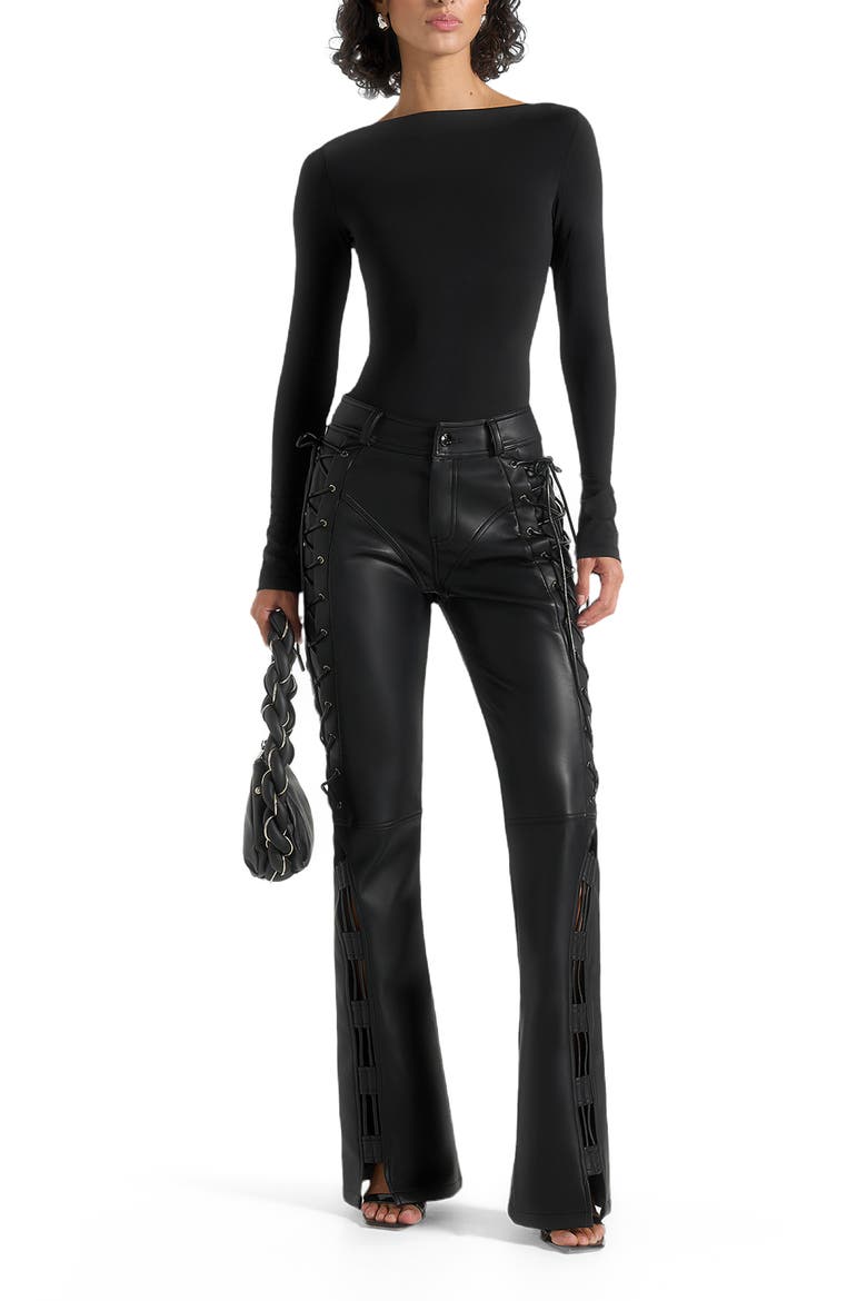 Ambre Leather Lace Up Flared Trousers, Alternate, color, Black