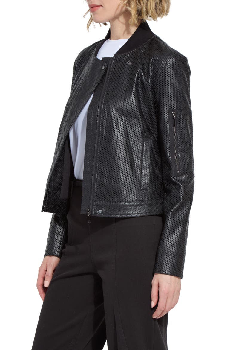 Millicent Perforated Faux Leather Bomber Jacket, Alternate, color, BLACK