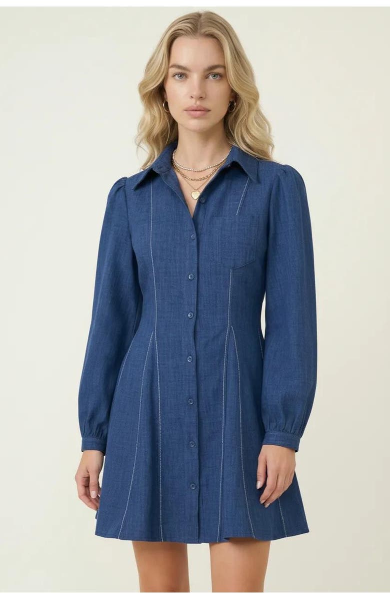 Modenaire Long-Sleeve Denim Contrast-Stitching Flared-Hem Shirt Dress, Main, color, Blue