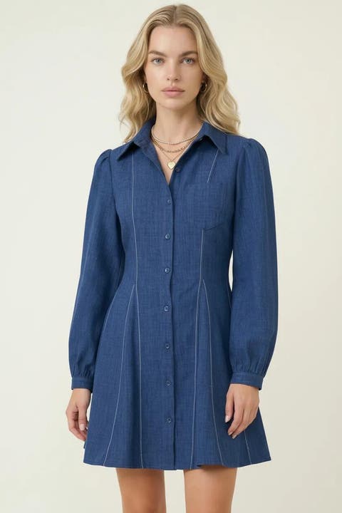 Long-Sleeve Denim Contrast-Stitching Flared-Hem Shirt Dress