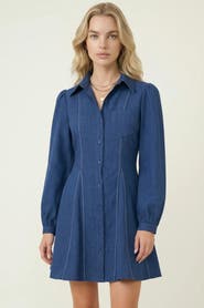 Modenaire Long-Sleeve Denim Contrast-Stitching Flared-Hem Shirt Dress