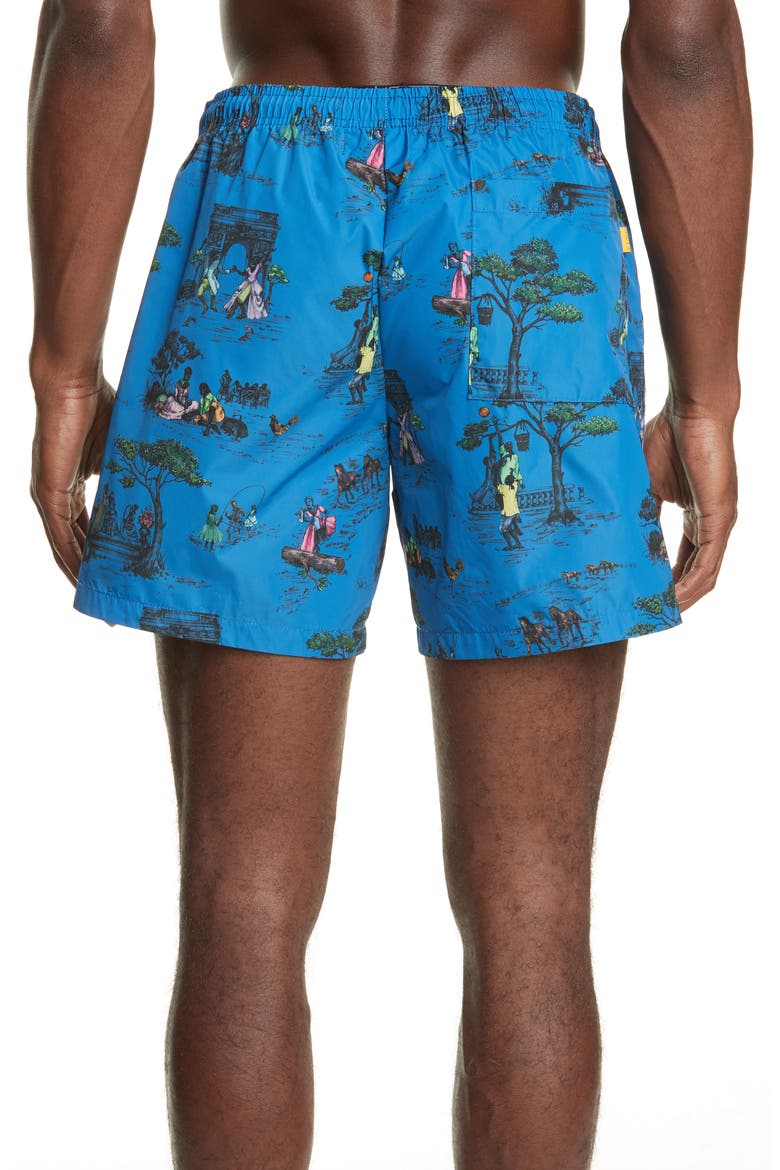 Sheila Bridges Harlem Toile Swim Trunks, Alternate, color, BLUE