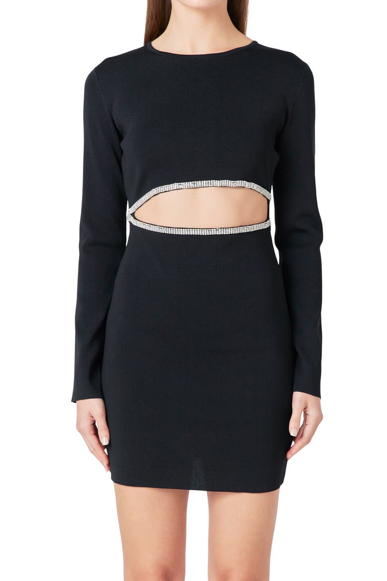 Rhinestone Cutout Detail Long Sleeve Knit Minidress, Alternate, color, BLACK