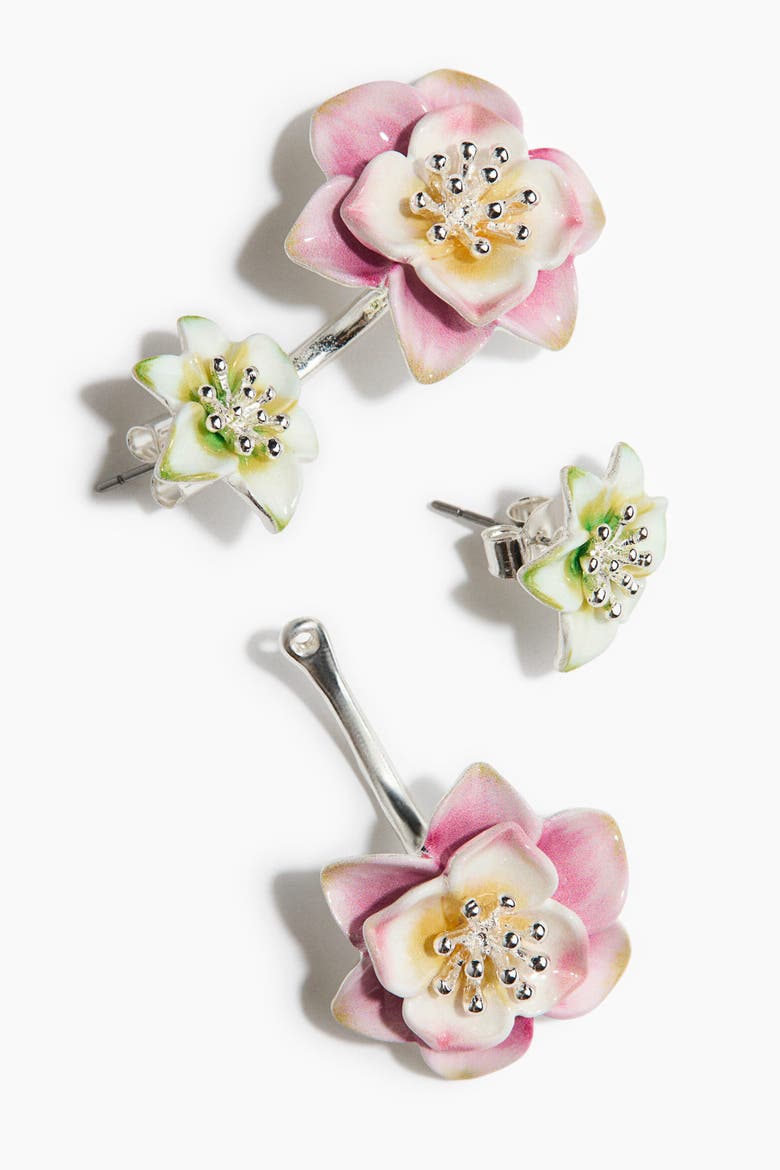 Flower-detail Front-back Earrings, Alternate, color, Silver-colored/pink