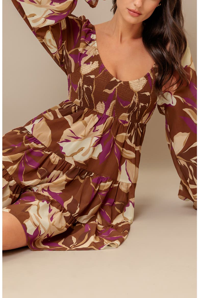 Floral Long Sleeve Tiered Babydoll Dress, Alternate, color, BROWN