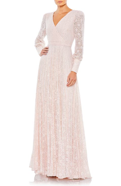 Beaded Lace Long Sleeve Wrap Over Gown