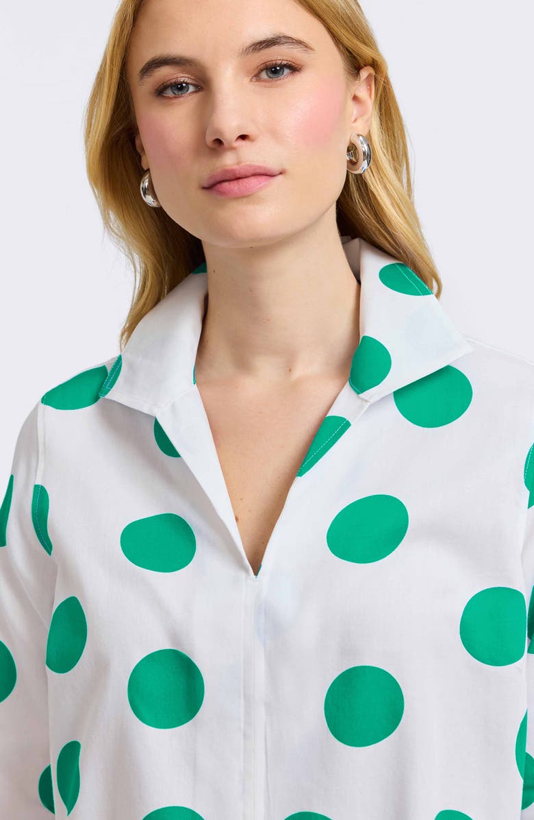 Foxcroft Agnes Dot Print Three-Quarter Sleeve Cotton Popover Top, Alternate, color, White/ Green