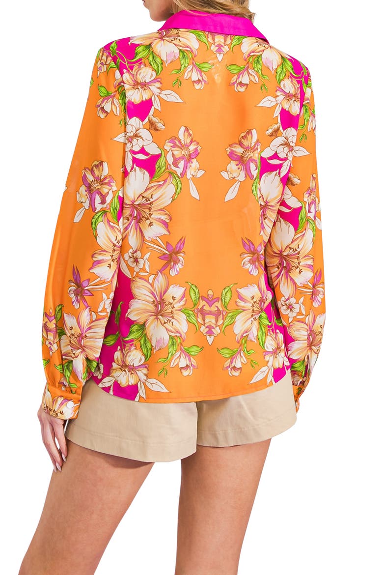 Floral Print Button-Up Shirt, Alternate, color, ORANGE FUCHSIA