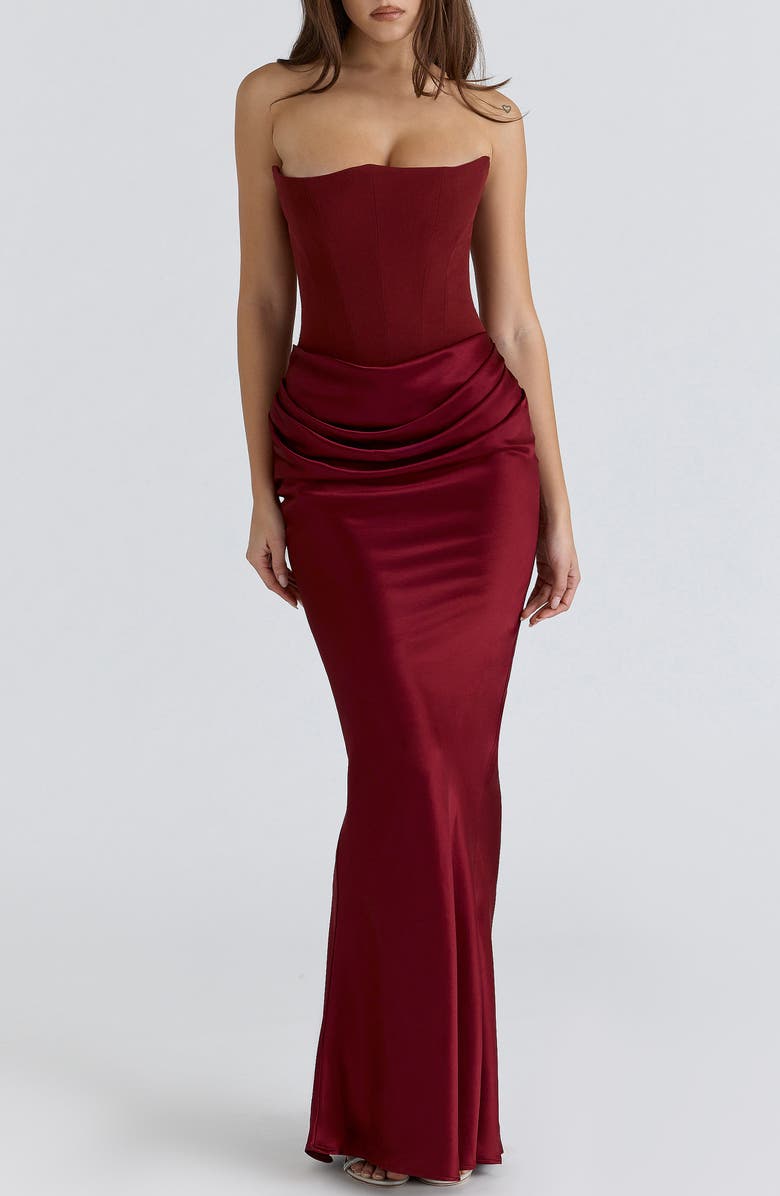HOUSE OF CB Persephone Strapless Corset Gown, Alternate, color, Wine