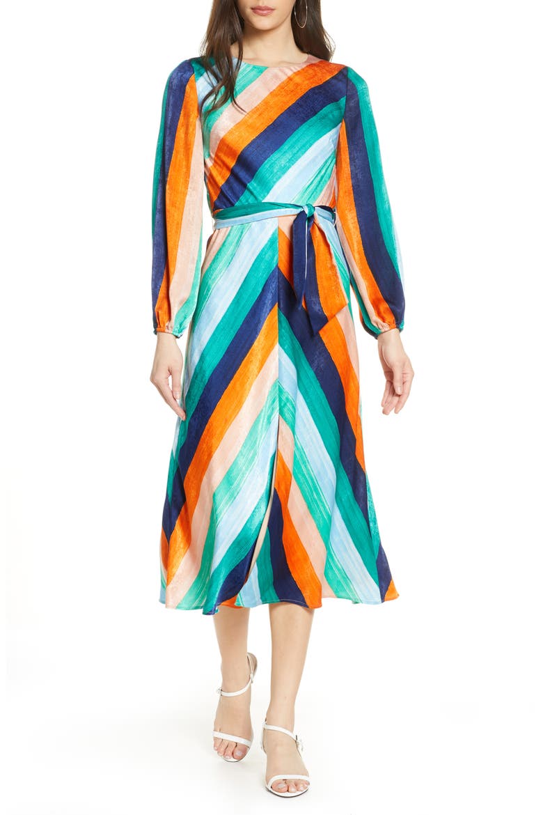 Sunset Skies Long Sleeve Stripe Satin Midi Dress, Main, color, SUNSET