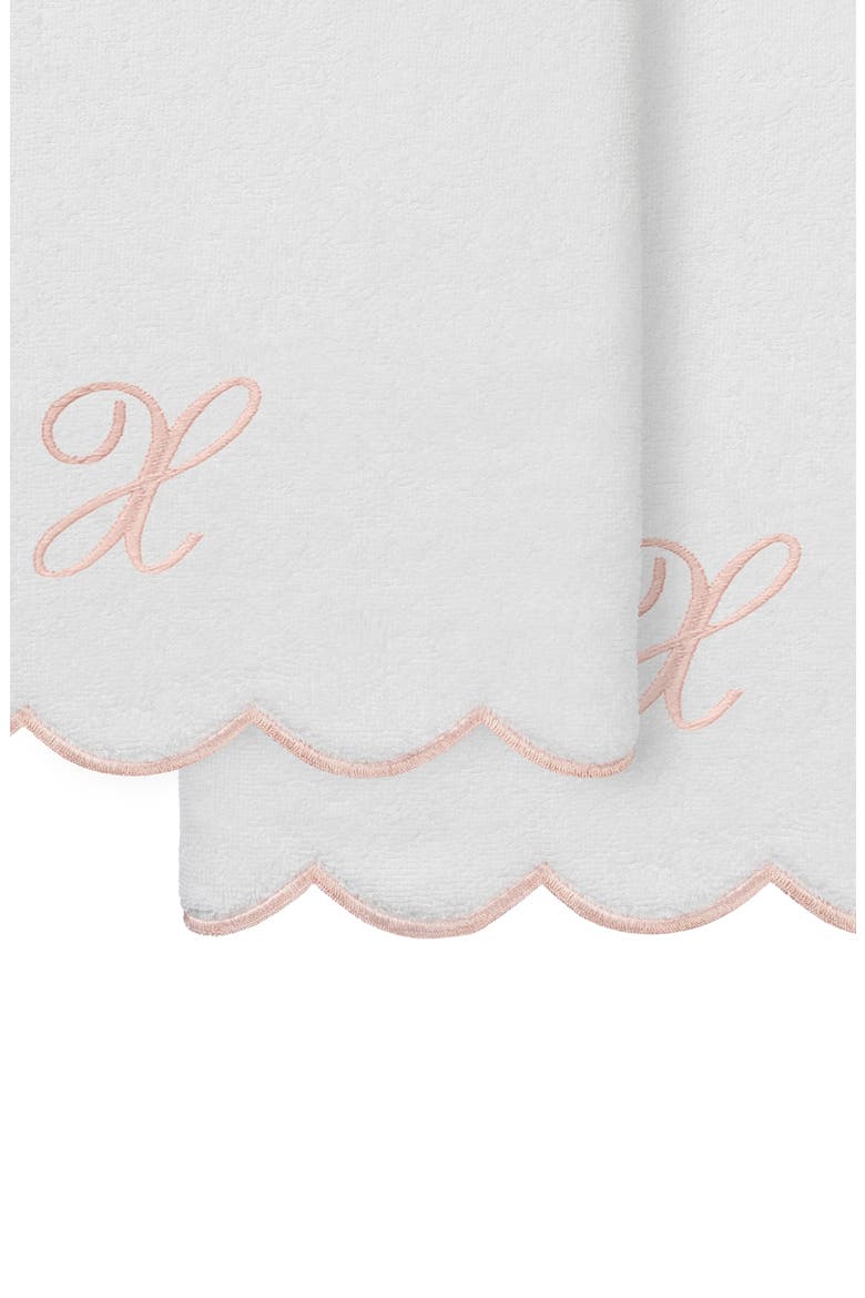 Adornia Scallop Set of 2 Initial Bath Towels, Alternate, color, WHITE/ PINK X