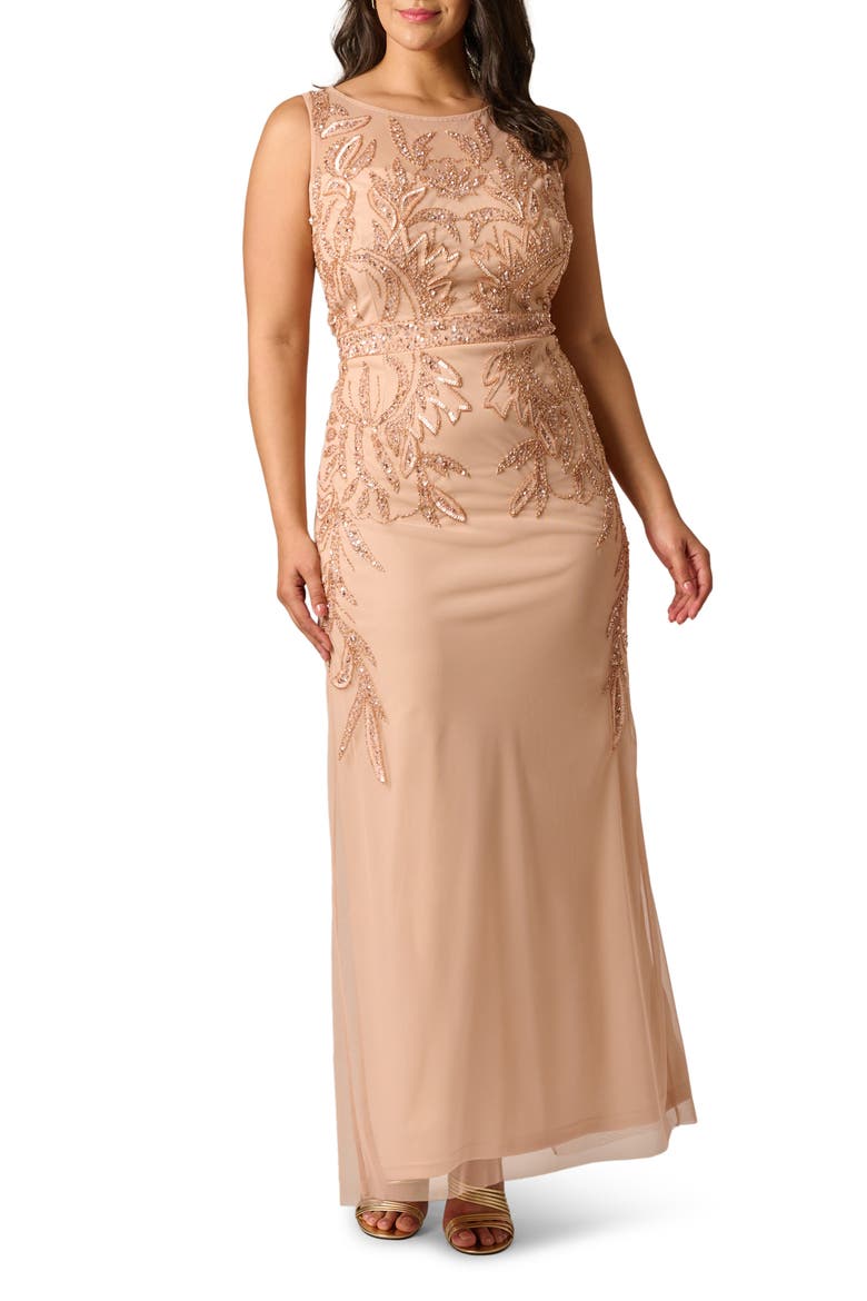 Bead Embellished Evening Gown, Main, color, ROSE GOLD