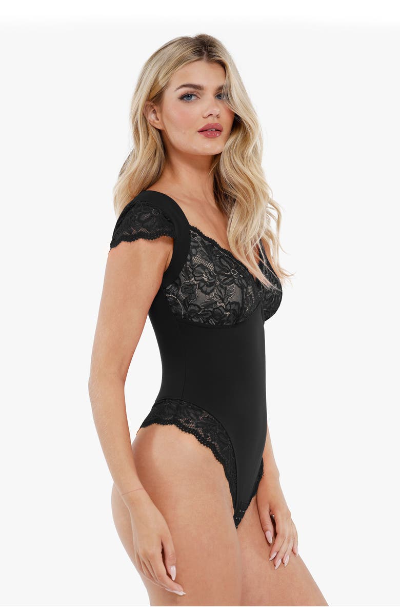Popilush Shapewear Cap Sleeve Slimming Lace Cup Bodysuit, Alternate, color, Midnight Black