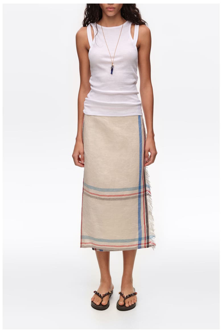 Linen Straight Striped Midi Wrap Skirt, Main, color, ECRU
