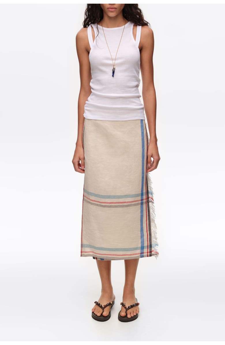 Bimba y Lola Linen Straight Striped Midi Wrap Skirt, Main, color, Ecru