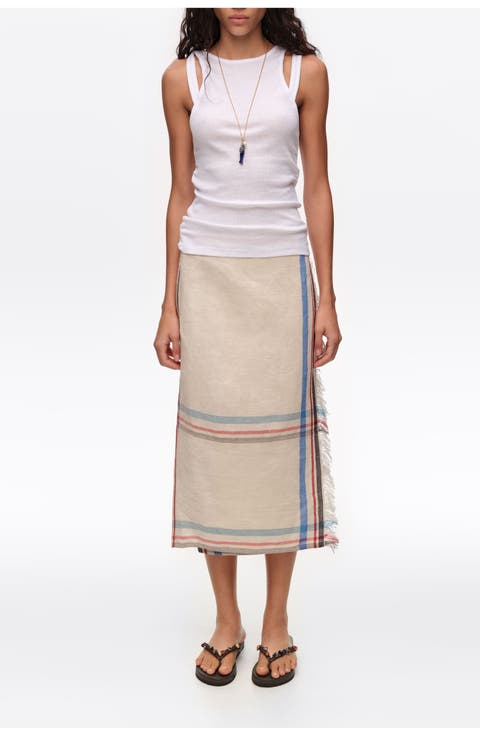 Linen Straight Striped Midi Wrap Skirt
