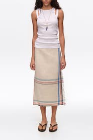 Bimba y Lola Linen Straight Striped Midi Wrap Skirt
