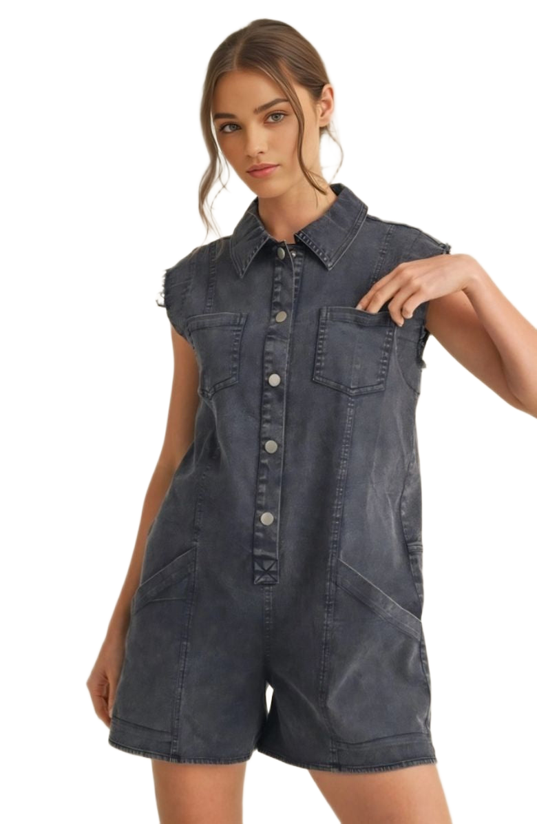 Knit and Lounge Sleeveless Pocket Detail Snap Button Denim Romper, Alternate, color, Dark Wash Denim