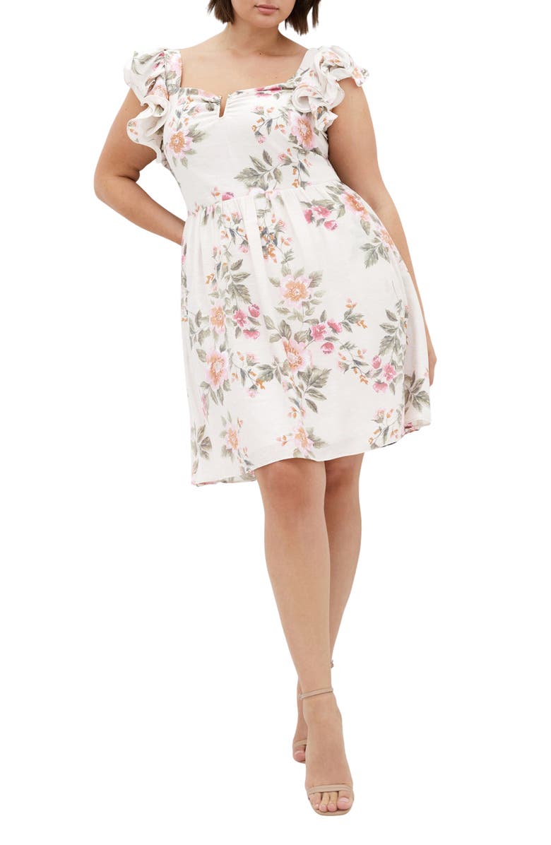 City Chic Alma Notched Ruffle Sleeve Minidress, Main, color, Elegant Floral Print