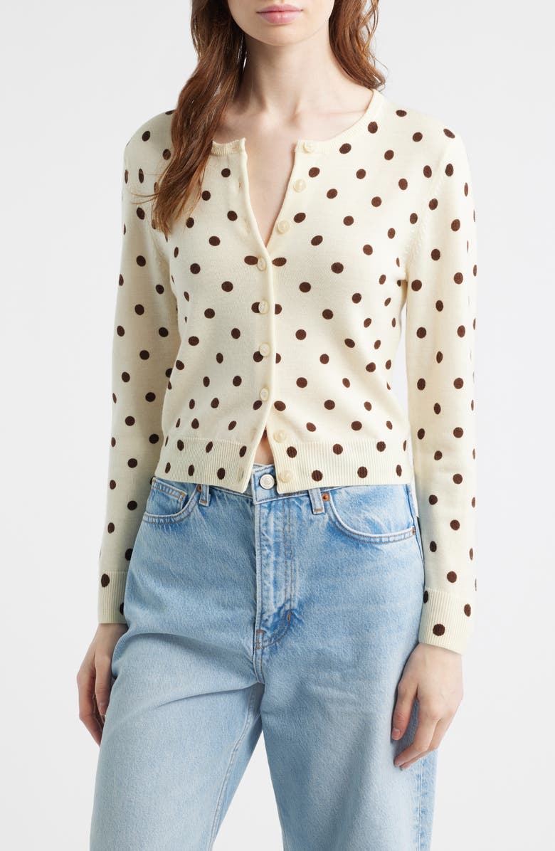 Reformation Bernadette Polka Dot Wool Cardigan, Main, color, Brownie Dot