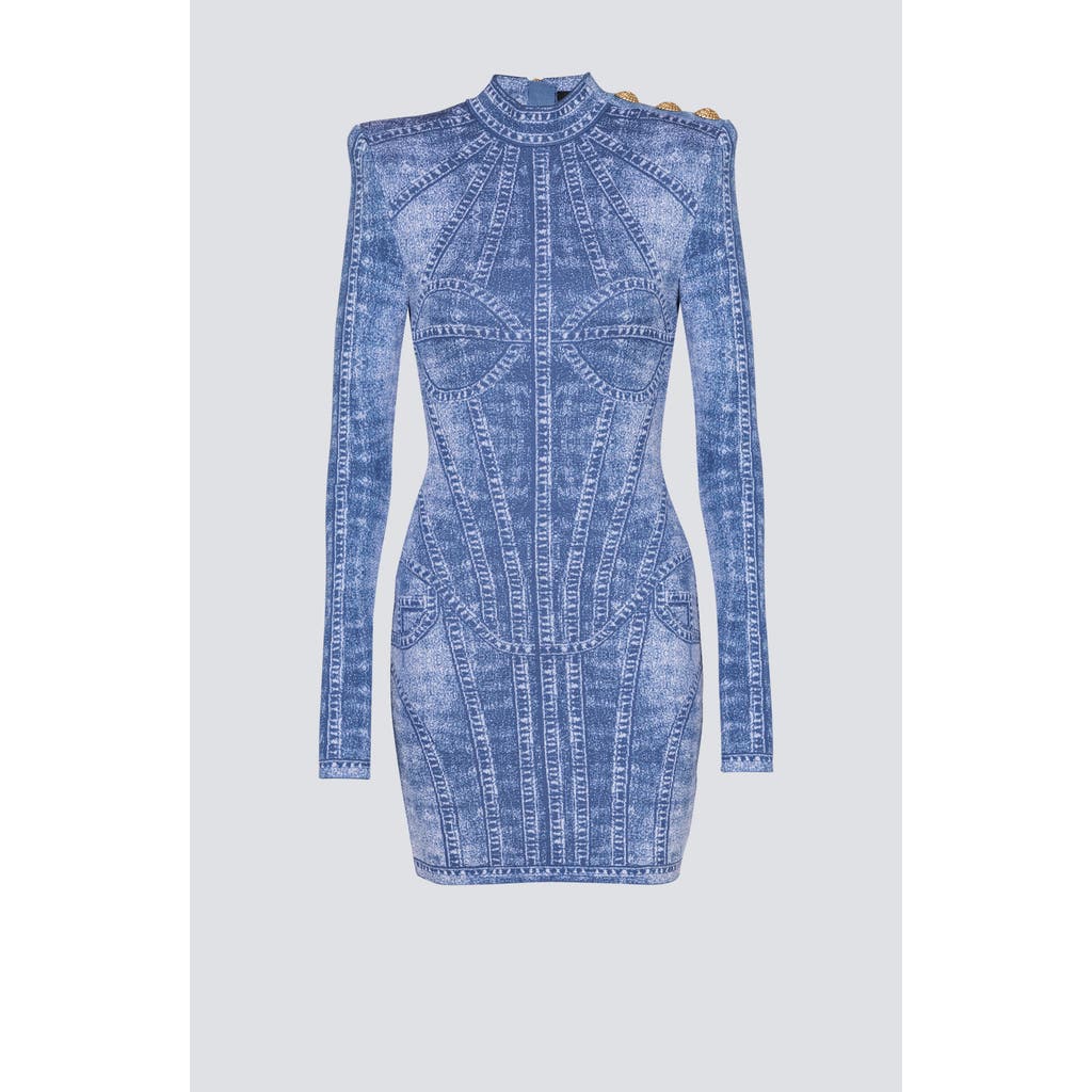 Balmain Short Jacquard Knit Dress With Denim Effect