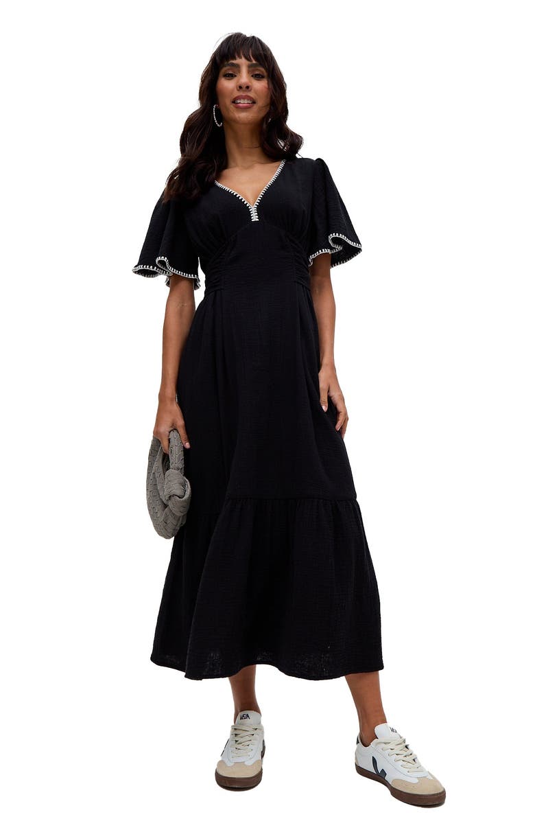 Raffya Delilah V-Neck Front Tie Midi Dress, Alternate, color, Black