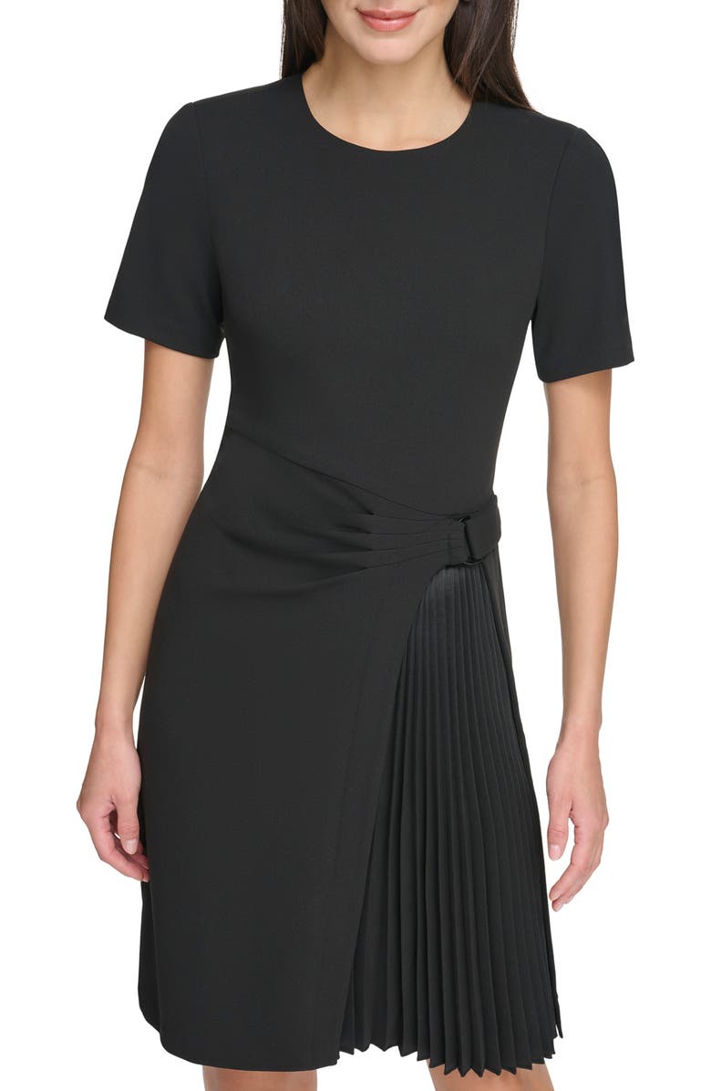 DKNY Short Sleeve Pleated Crepe A-Line Dress, Alternate, color, Black