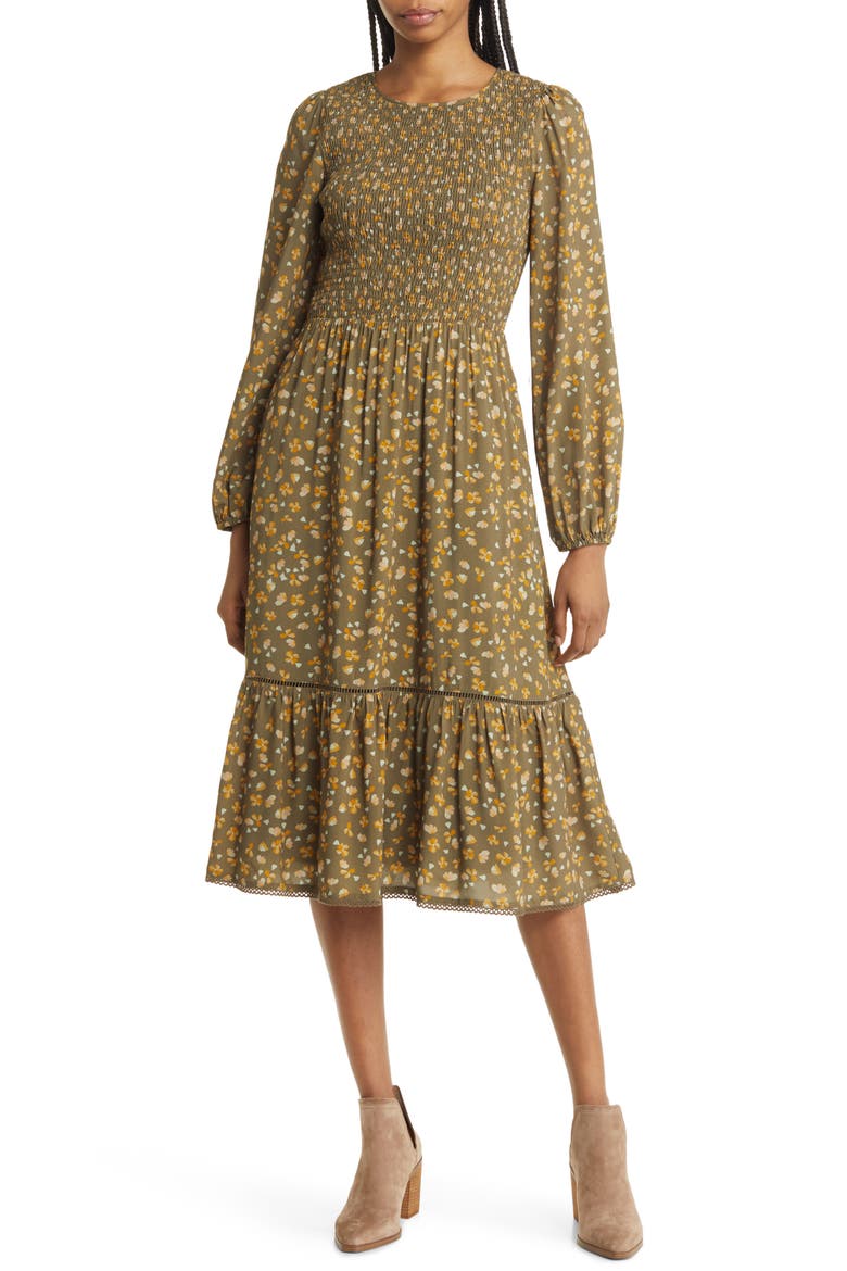 Vineyards in the Valley Floral Long Sleeve Tiered Midi Dress, Main, color, DARK OLIVE