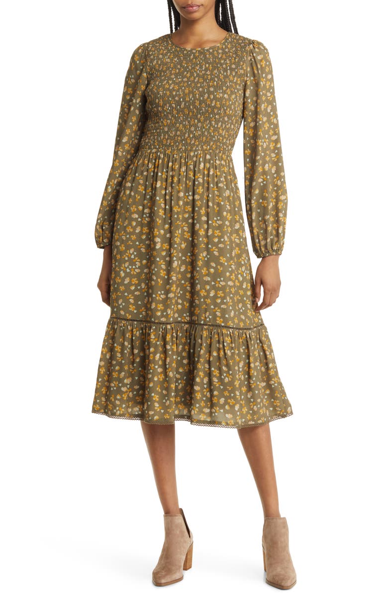 Lost + Wander Vineyards in the Valley Floral Long Sleeve Tiered Midi Dress, Main, color,
