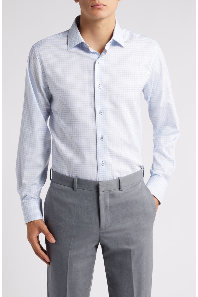 Trim Fit Textured Windowpane Check Cotton Dress Shirt, Main, color, LIGHT BLUE