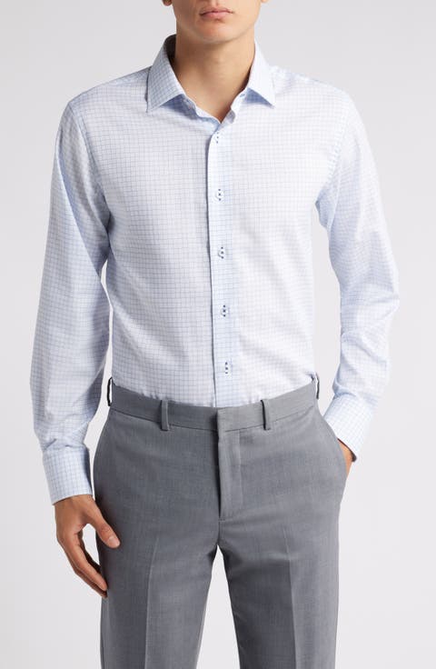 Trim Fit Textured Windowpane Check Cotton Dress Shirt