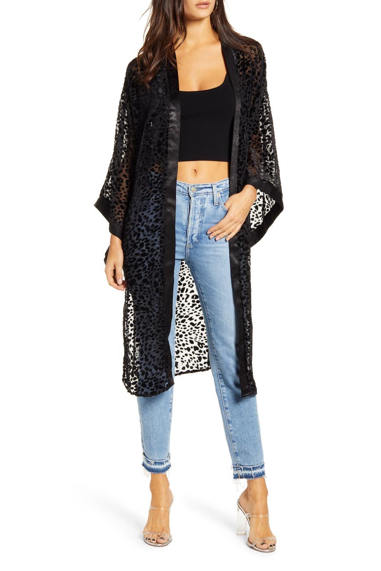 Lorenza Burnout Velvet Leopard Pattern Long Jacket, Main, color, BLACK