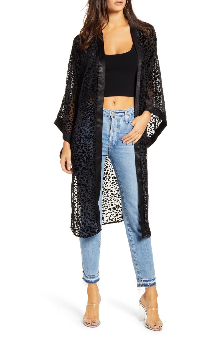 4SI3NNA Lorenza Burnout Velvet Leopard Pattern Long Jacket, Main, color, 