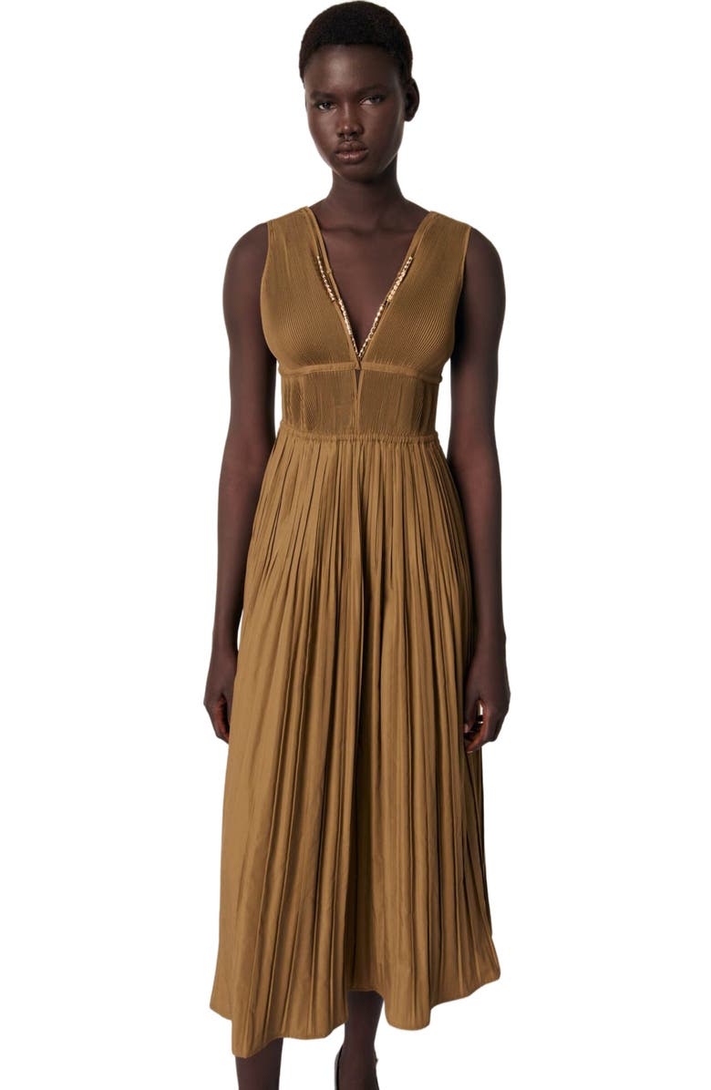 maje Jewellery neckline pleated dress, Alternate, color, 