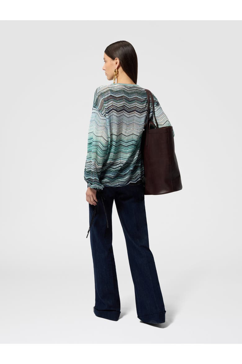 Oversized Blouse In Viscose Chevron Lamé With Sequins, Alternate, color, Turquoise