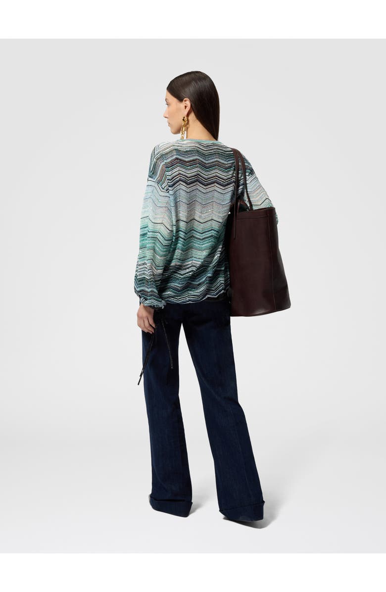 Missoni Chevron Lamé Viscose Blouse With Sequins, Alternate, color, Green& Brown