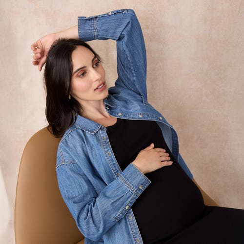 Motherhood Maternity Long Sleeve Button-up Denim Shirt In Blue