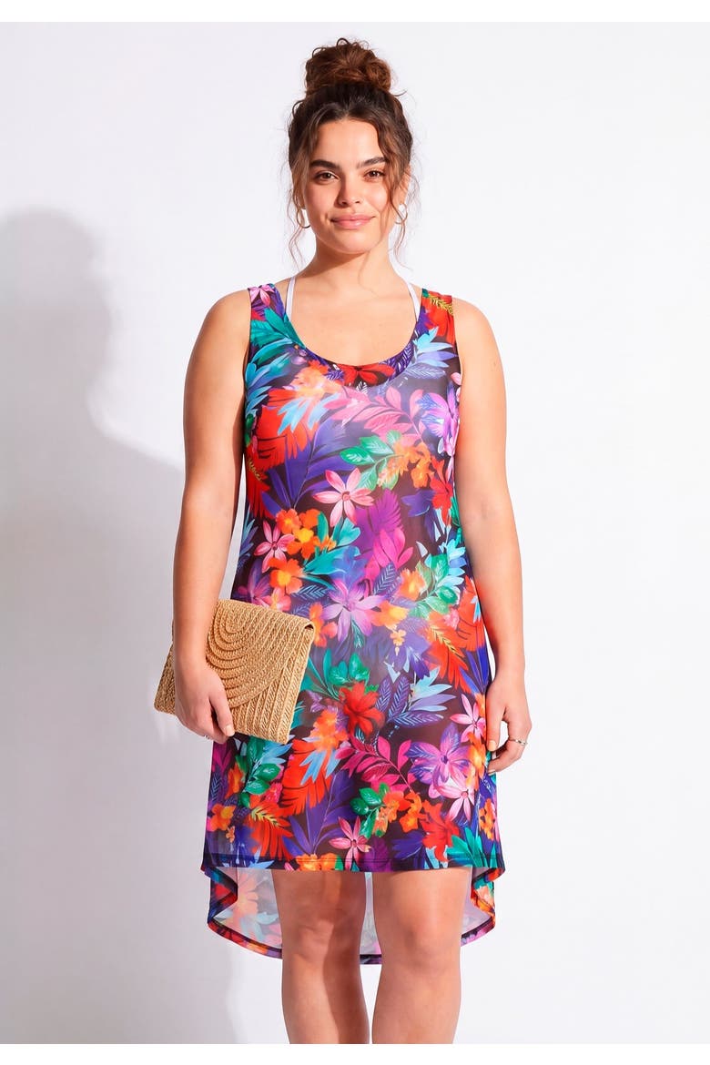 Quincy Mesh High Low Cover Up Tunic, Alternate, color, Multi Tropical