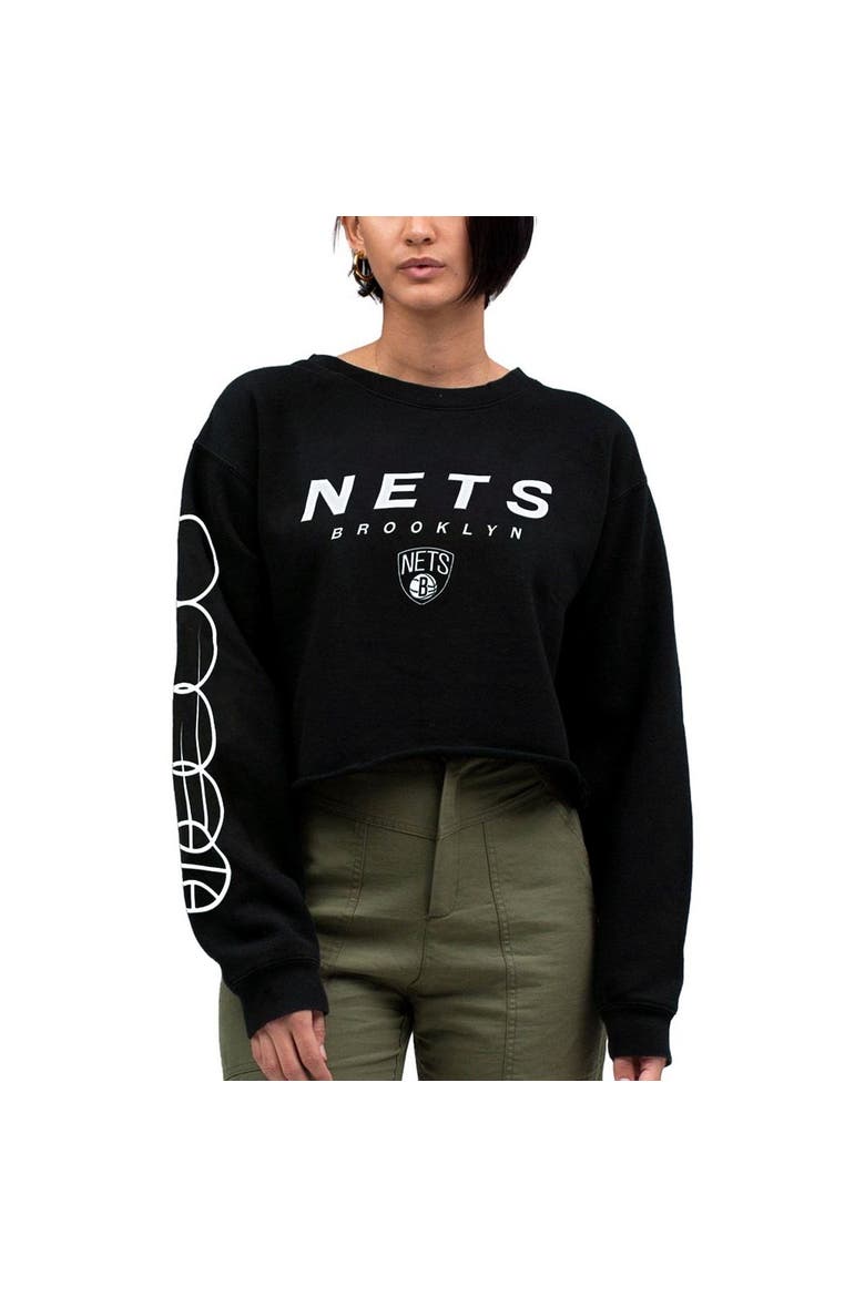 Women's Junk Food Black Brooklyn Nets Cut Off Moderate Crop Fleece Crew Sweatshirt, Alternate, color, Black