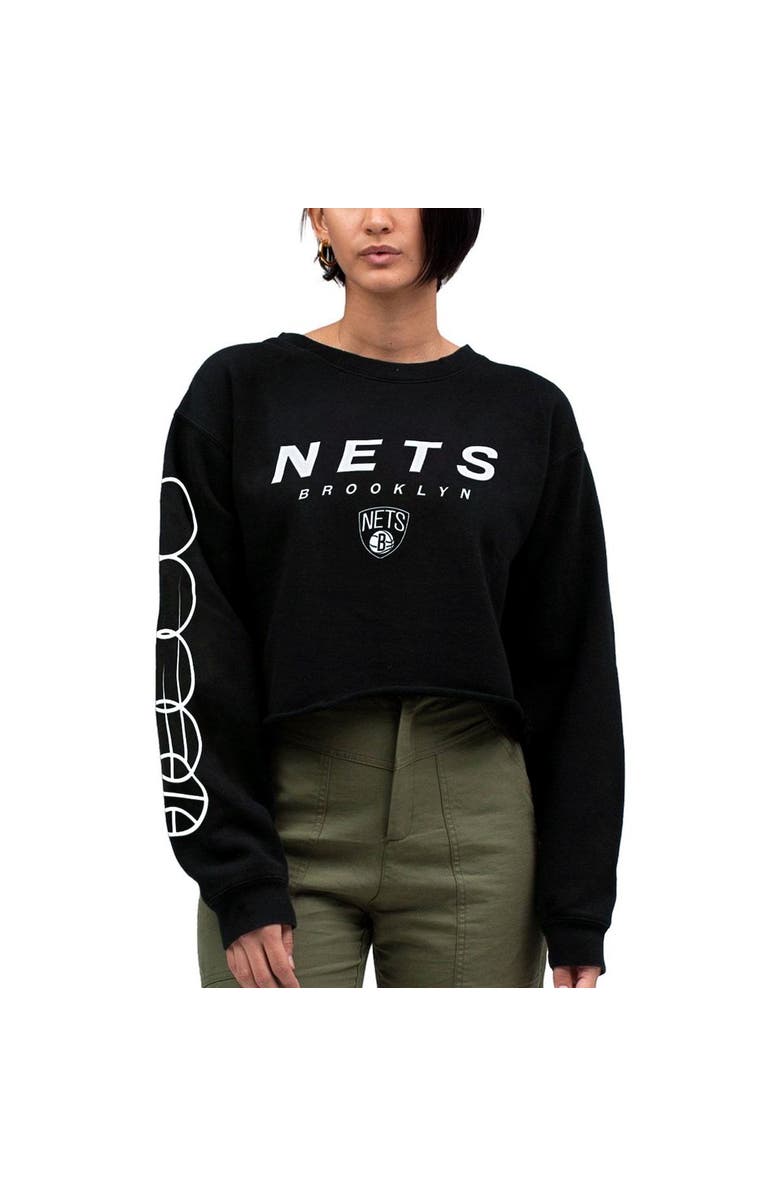 Junk Food Women's Junk Food Black Brooklyn Nets Cut Off Moderate Crop Fleece Crew Sweatshirt, Alternate, color,
