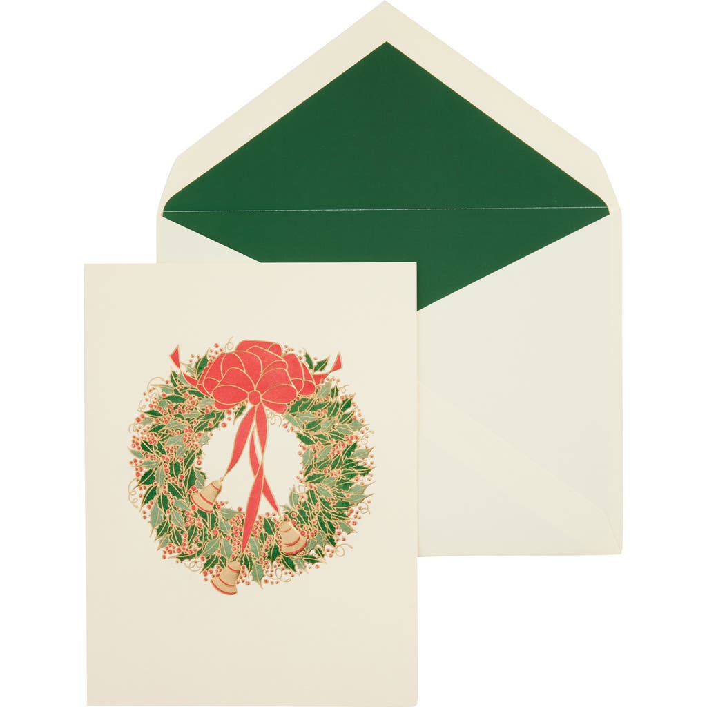Crane Holly Wreath with Bells Set of 10 Greeting Cards in Green/Ivory  product