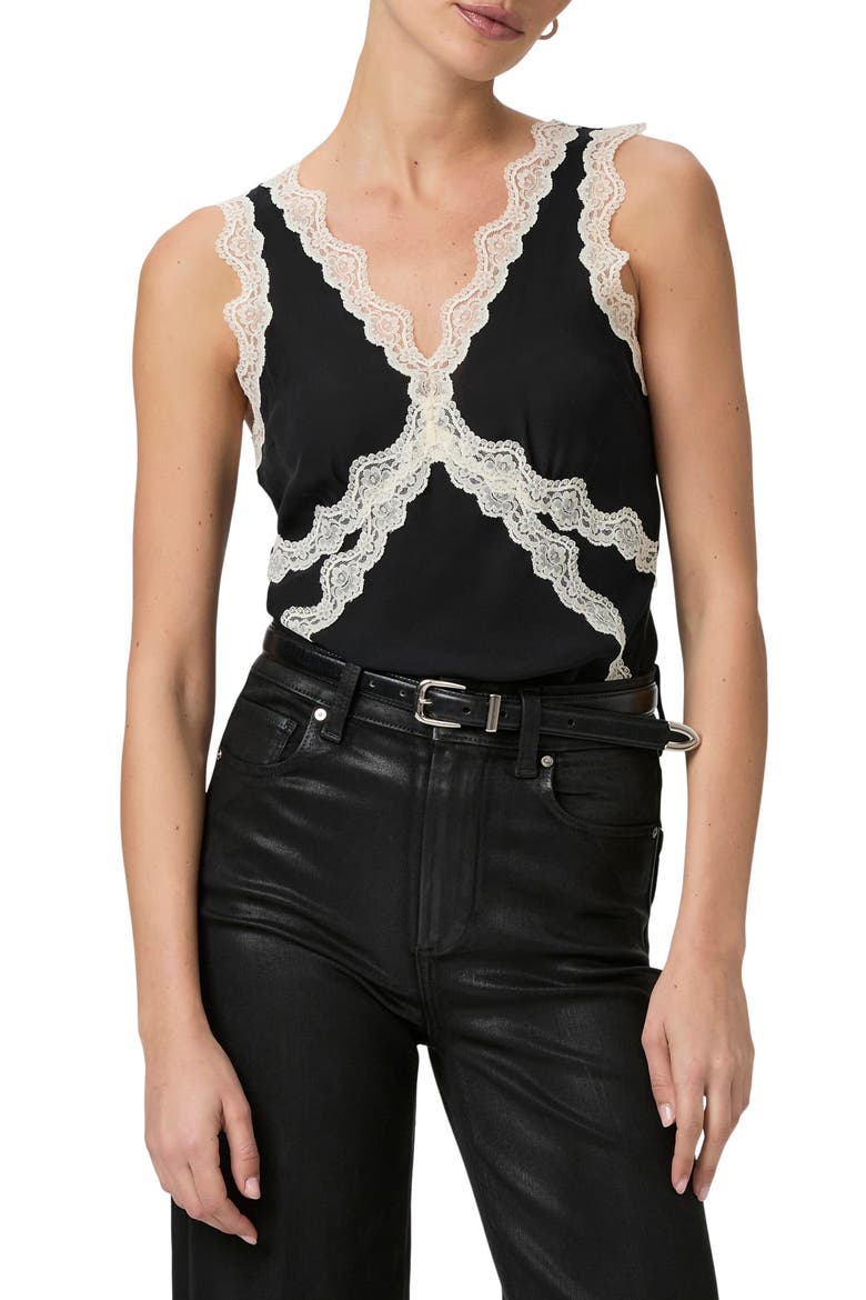 Terezia Lace Trim Silk Tank, Main, color, BLACK W/ ANTIQUE WHITE LACE