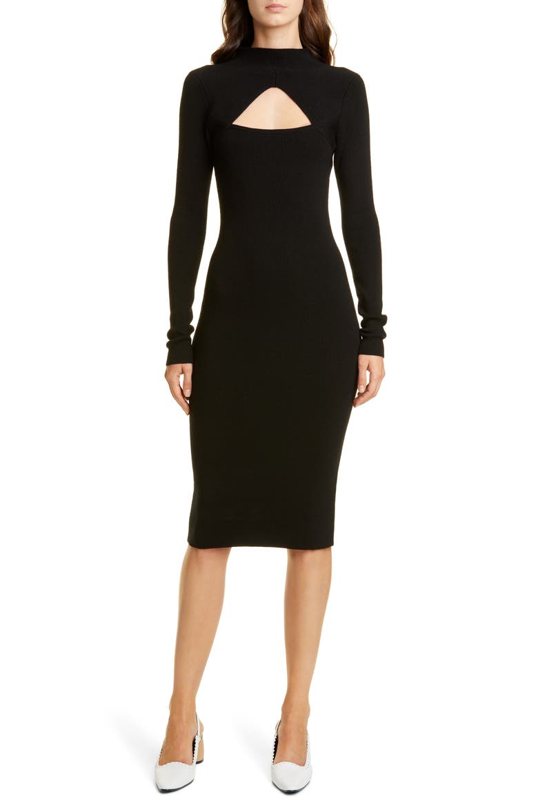 Merino Wool Long Sleeve Midi Sweater Dress, Main, color, BLACK