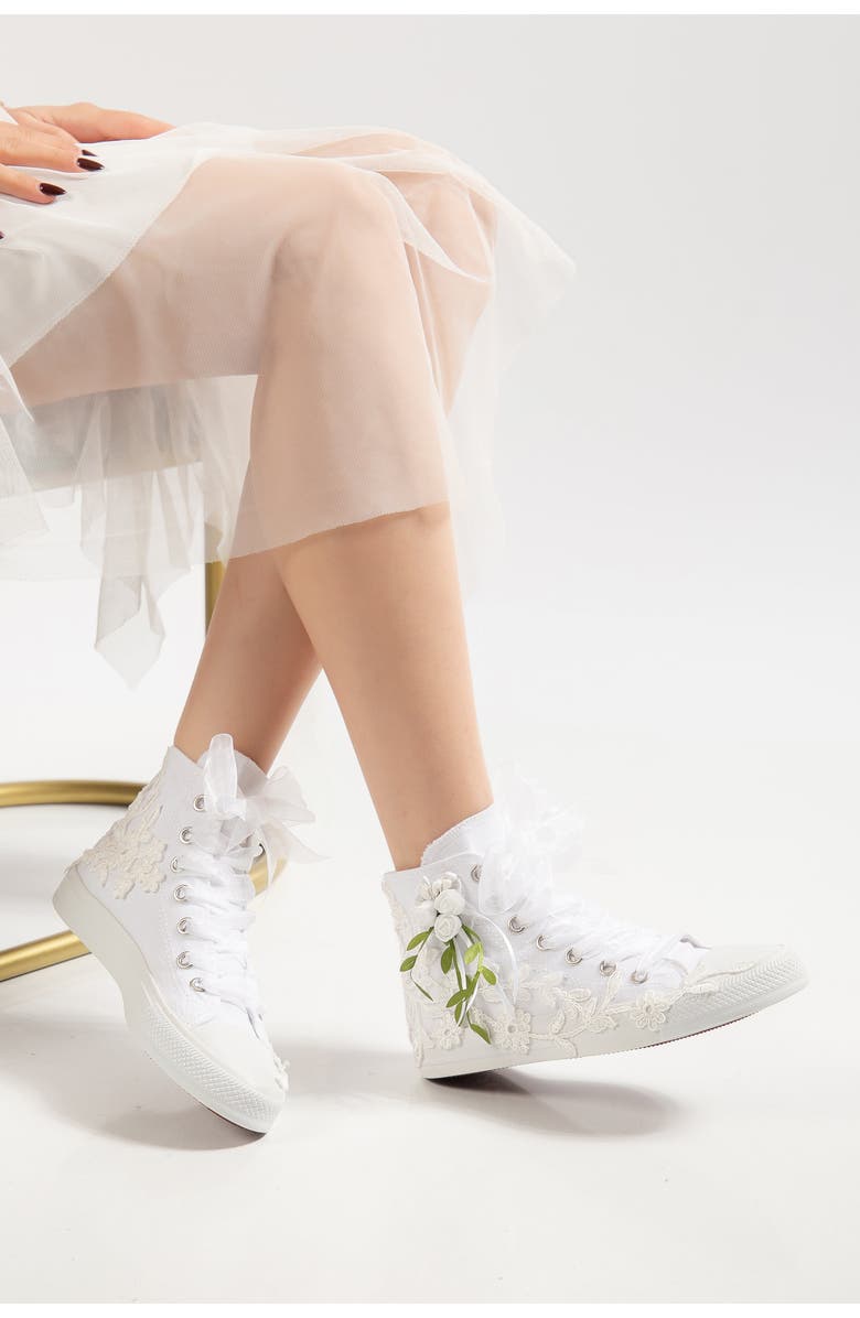 Forever & Always Shoes Sylvara Floral Lace Ribbon Bridal High Top Sneaker, Alternate, color, Ivory