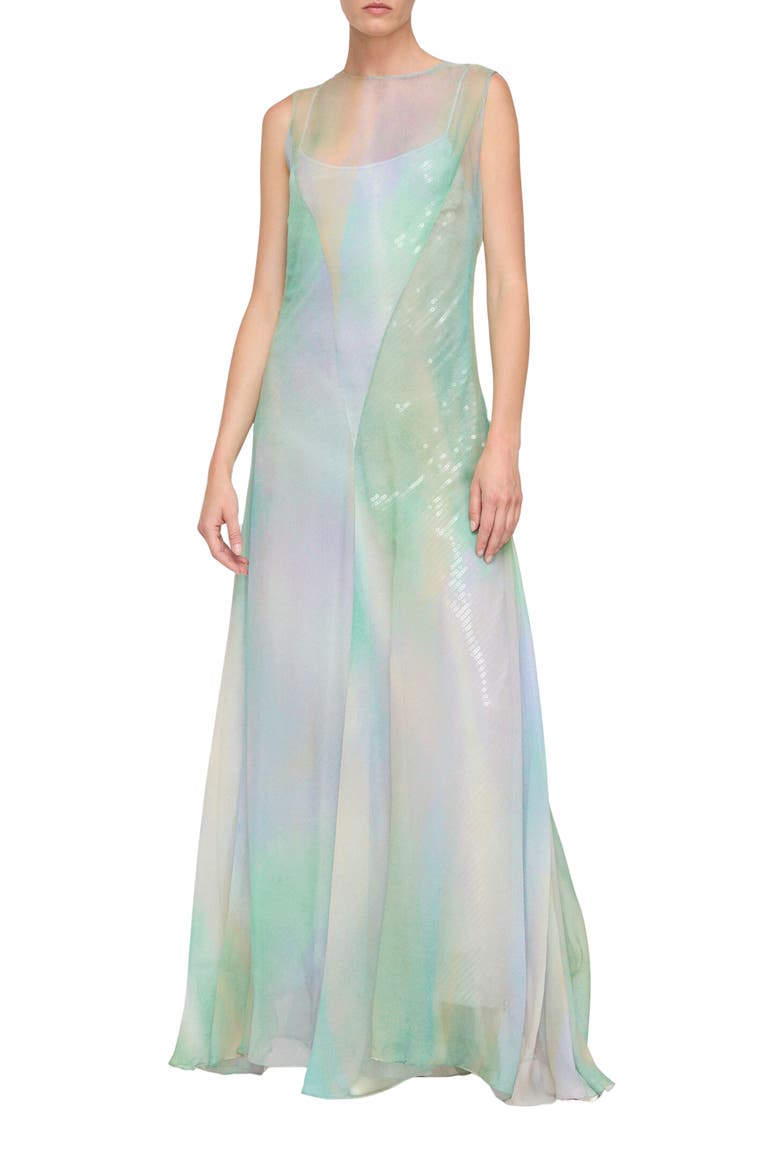 Crinkled Silk Crépon Gown with Sequin Slip, Main, color, AURORA GREEN MULTI