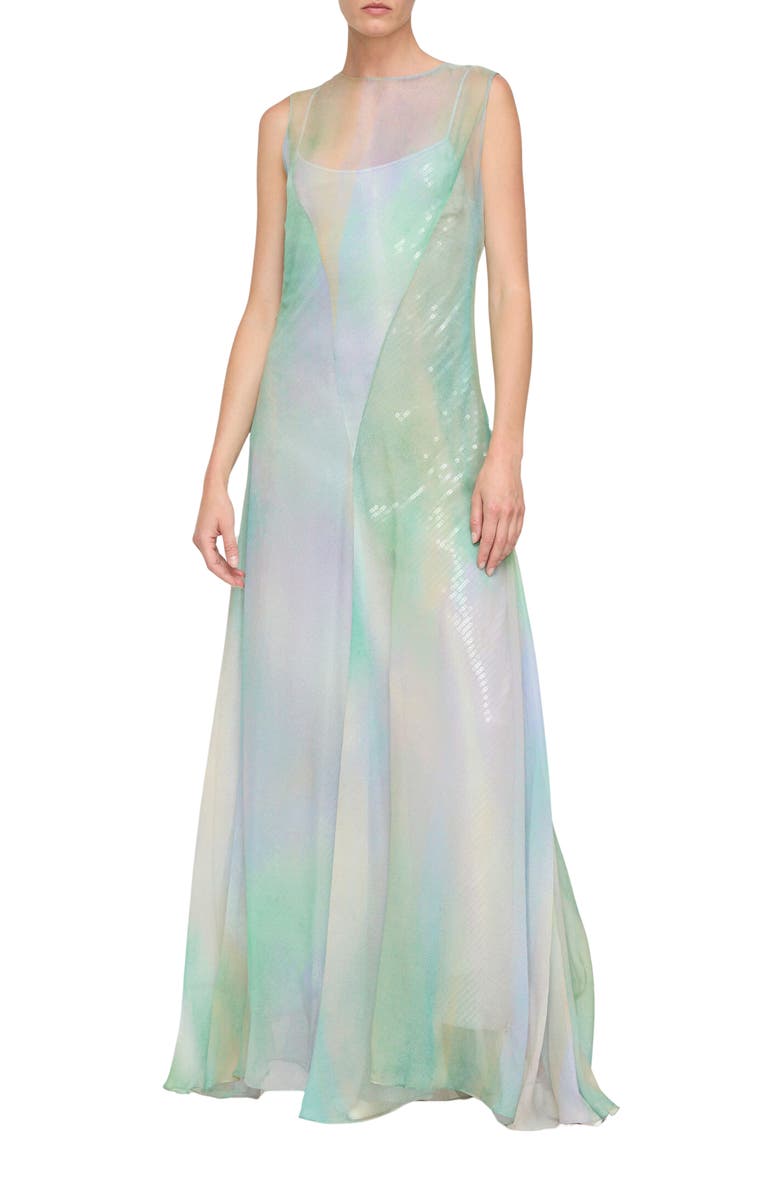 Lafayette 148 New York Crinkled Silk Crépon Gown with Sequin Slip, Main, color, Aurora Green Multi