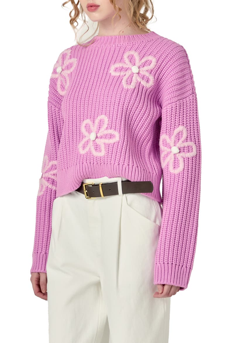 Flower Embroidered Crewneck Sweater, Alternate, color, PINK